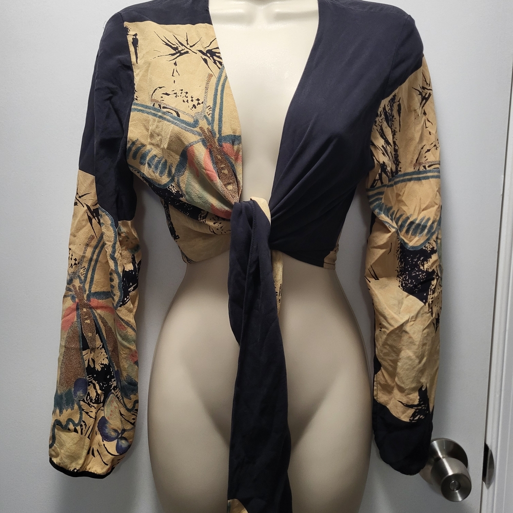 Artistic 100% Silk Tie-Front Blouse in Black and Beige With Sleeve Cutout